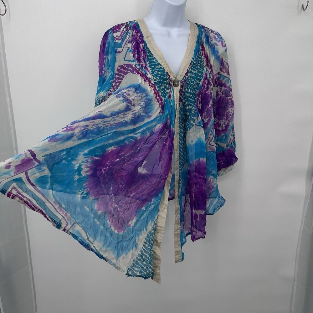 Ark & Co Floral‎ Silk  Aqua Blue Open Cardigan Kimono Hacker Sz L